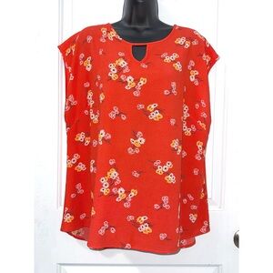 Maurice’s Red Blouse featuring a ditsy floral print with yellow & white flowers